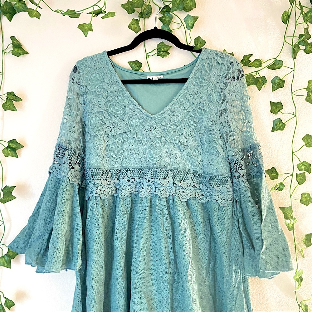Teal Fit-and-Flare Lace Mini Dress with Bell Sleeves